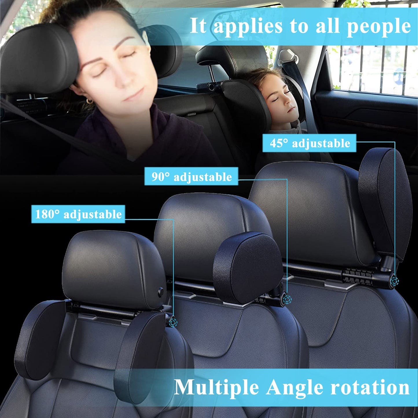 Vniyors Car Headrest Pillow, 180 Degrees Adjustable Car Seat Headrest, Head Rest Pillow For Car Suitable For Adults And Children