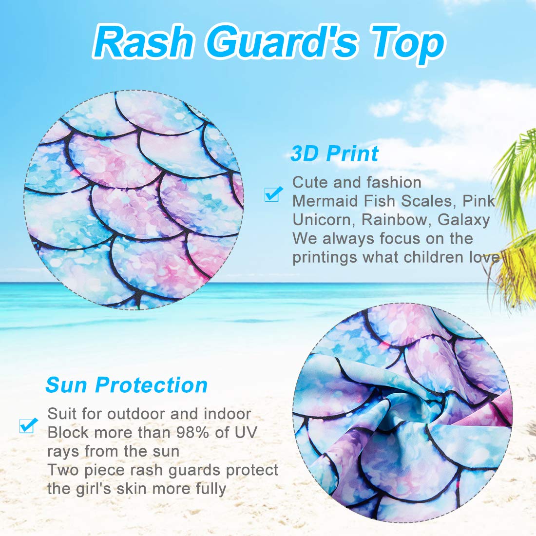 Girls Swimsuit Rash Guard Two Pieces Swimwear 7-8T Fashion Mermaid Print Breathable Bathing Suit 7-8T