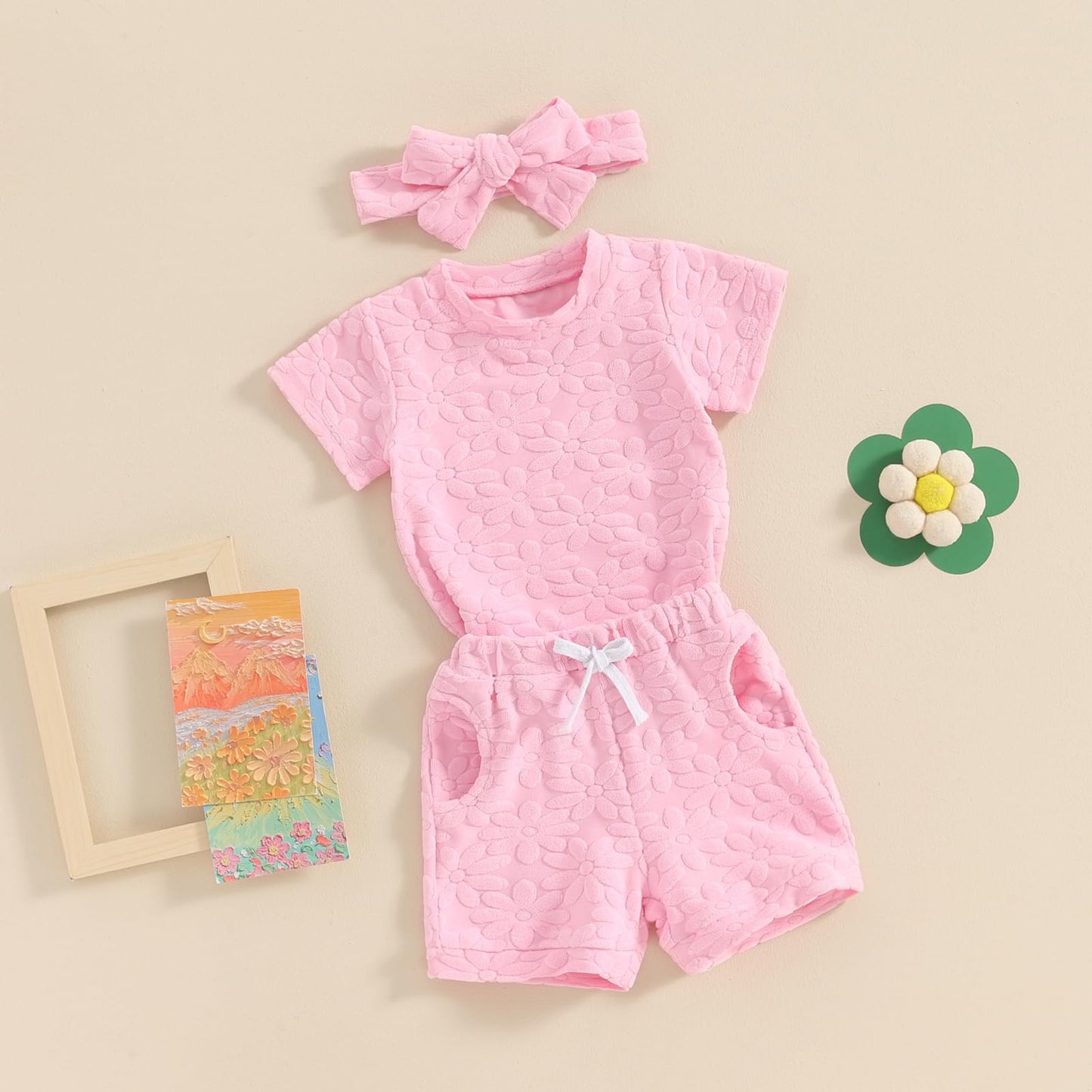 Toddler Baby Girls Daisy Chenille Patch Outfit Short Sleeve T-Shirt Shorts Headband 3Pcs Summer Clothes Set (Pink, 12-18 Months)