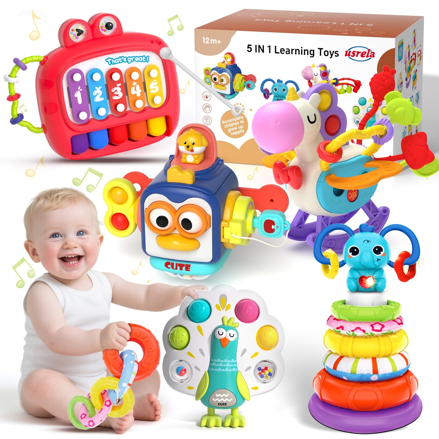 usrela 5 in 1 Baby Toy for 12 18 Month, Learning Toys for Babies 12-18 Months, Baby Busy Cube, Stacking&Sensory, Pull String&Pia