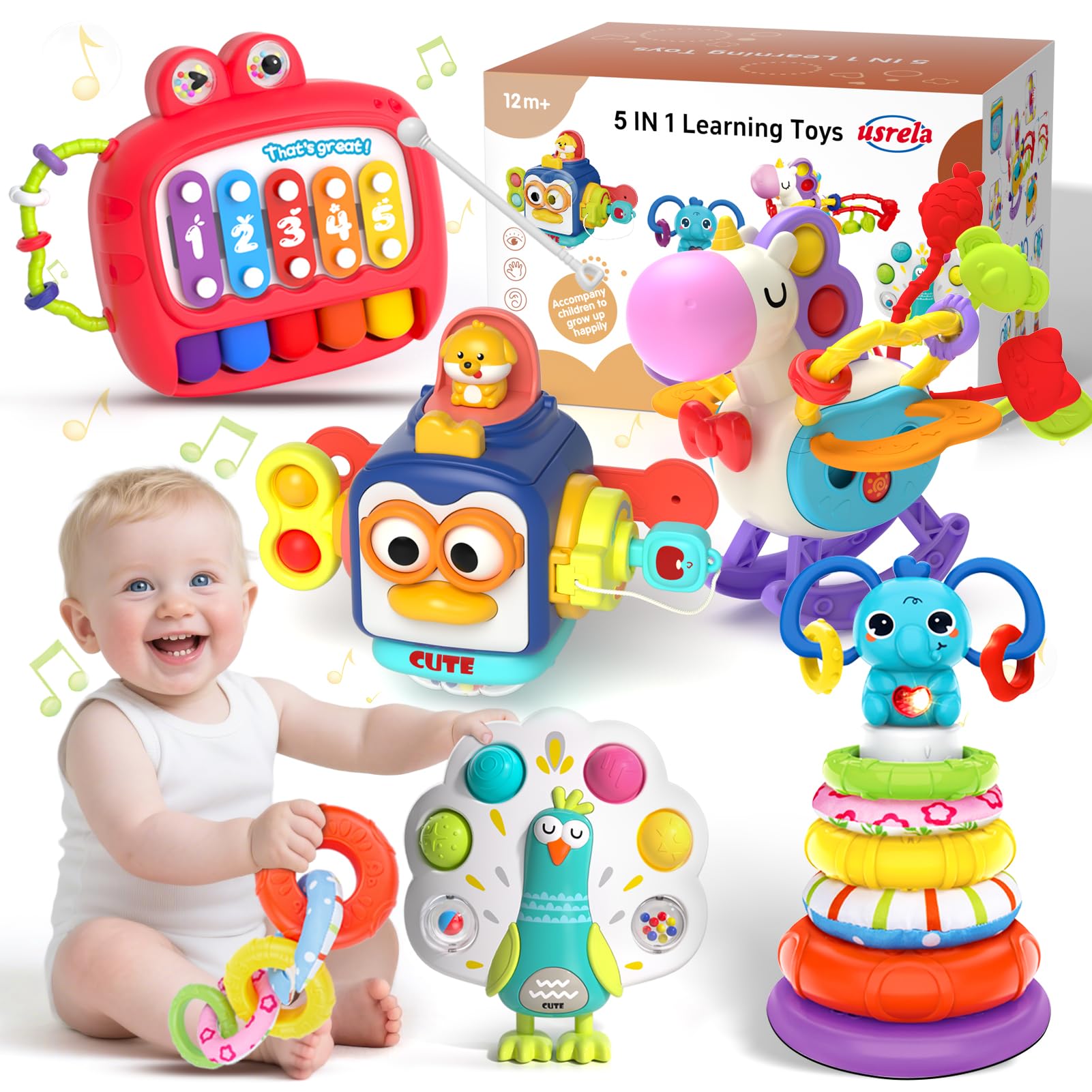 usrela 5 in 1 Baby Toy for 12 18 Month, Learning Toys for Babies 12-18 Months, Baby Busy Cube, Stacking&Sensory, Pull String&Pia