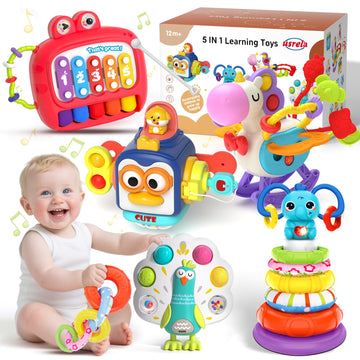 usrela 5 in 1 Baby Toy for 12 18 Month, Learning Toys for Babies 12-18 Months, Baby Busy Cube, Stacking&Sensory, Pull String&Pia