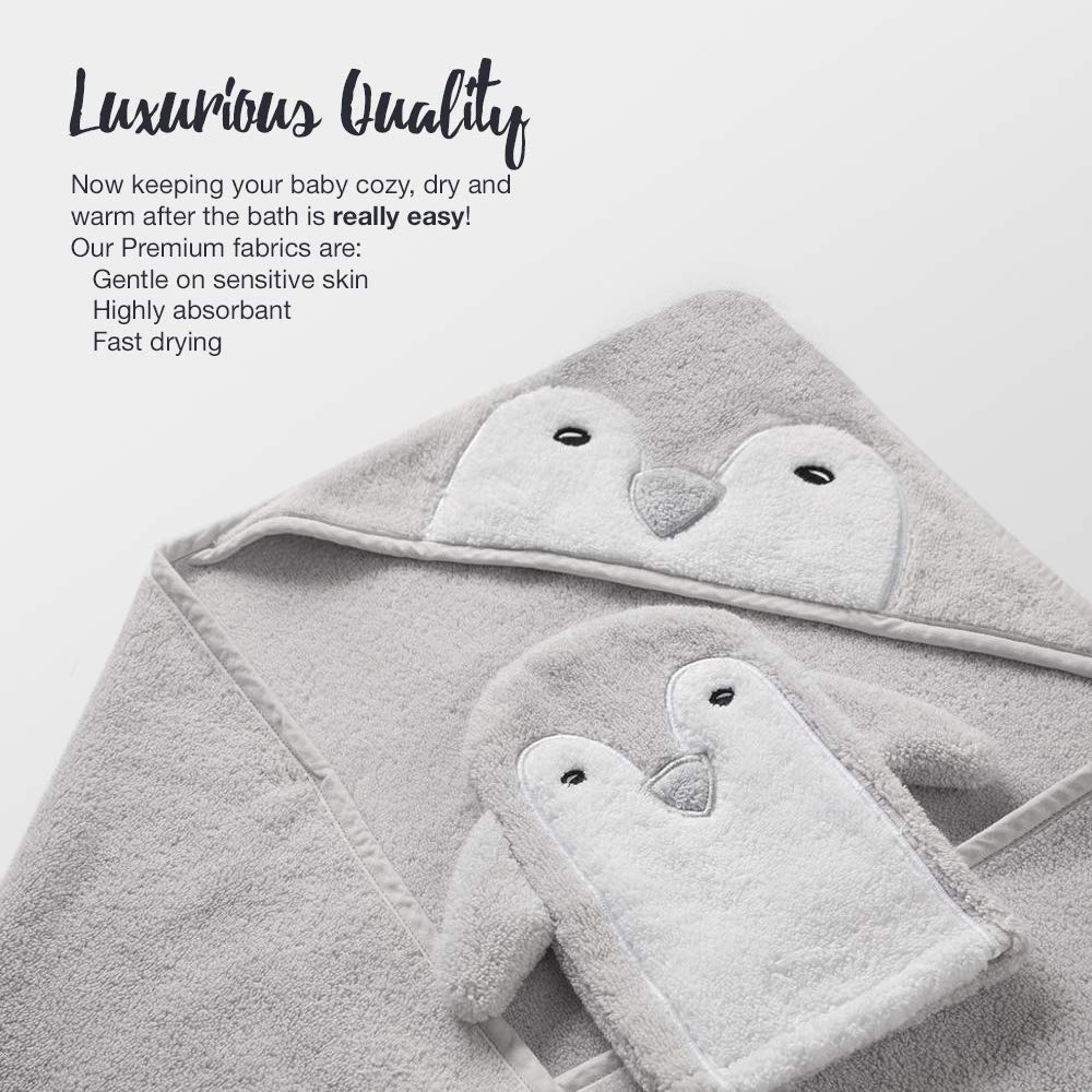 Happy & Sweet Baby Gift Set - Bamboo Viscose Hooded Penguin Bath Towel, Mitt Washcloth, And Squirt Bath Toy For Boys And Girls -