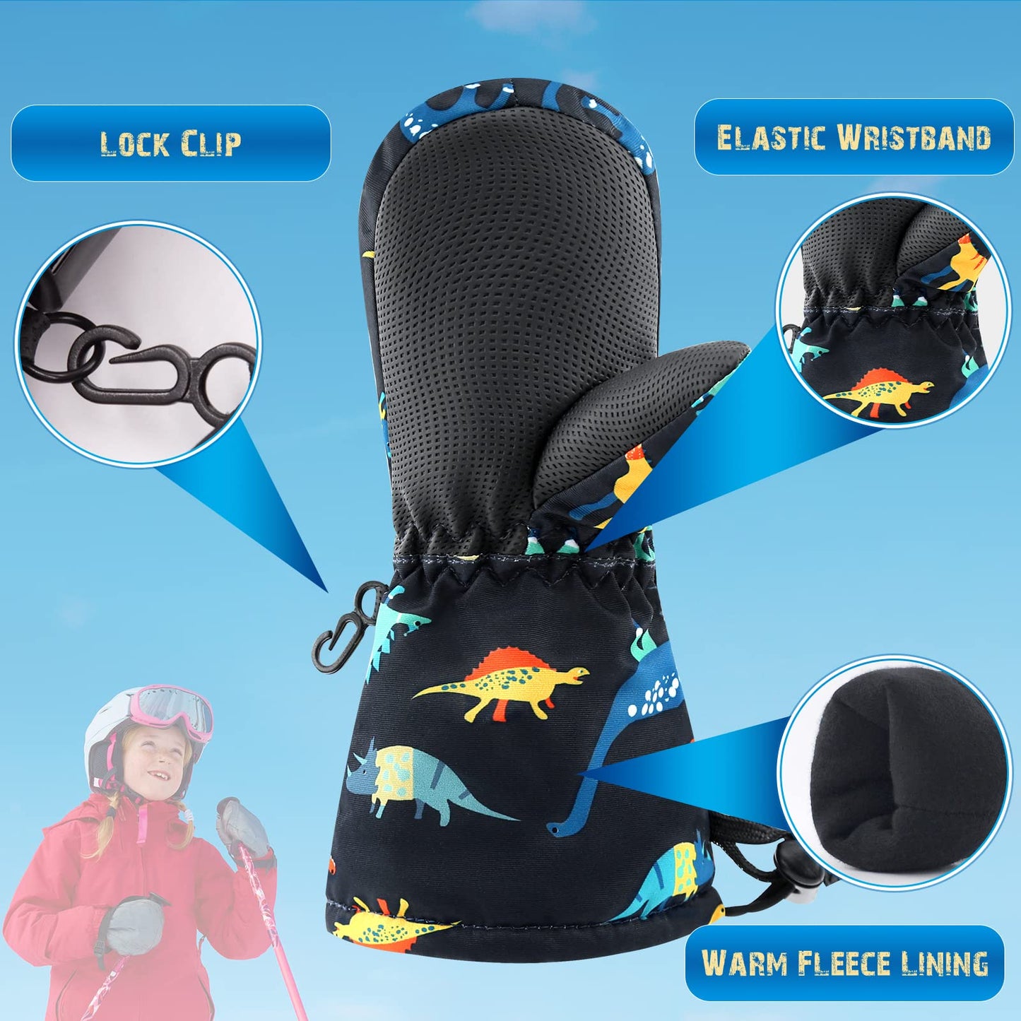 Bavst Winter Kids Waterproof Gloves For Boys Girls Snow Ski Toddler Baby Mittens Outdoor For Infant Teens 1-5T (N-Black Dinosaur