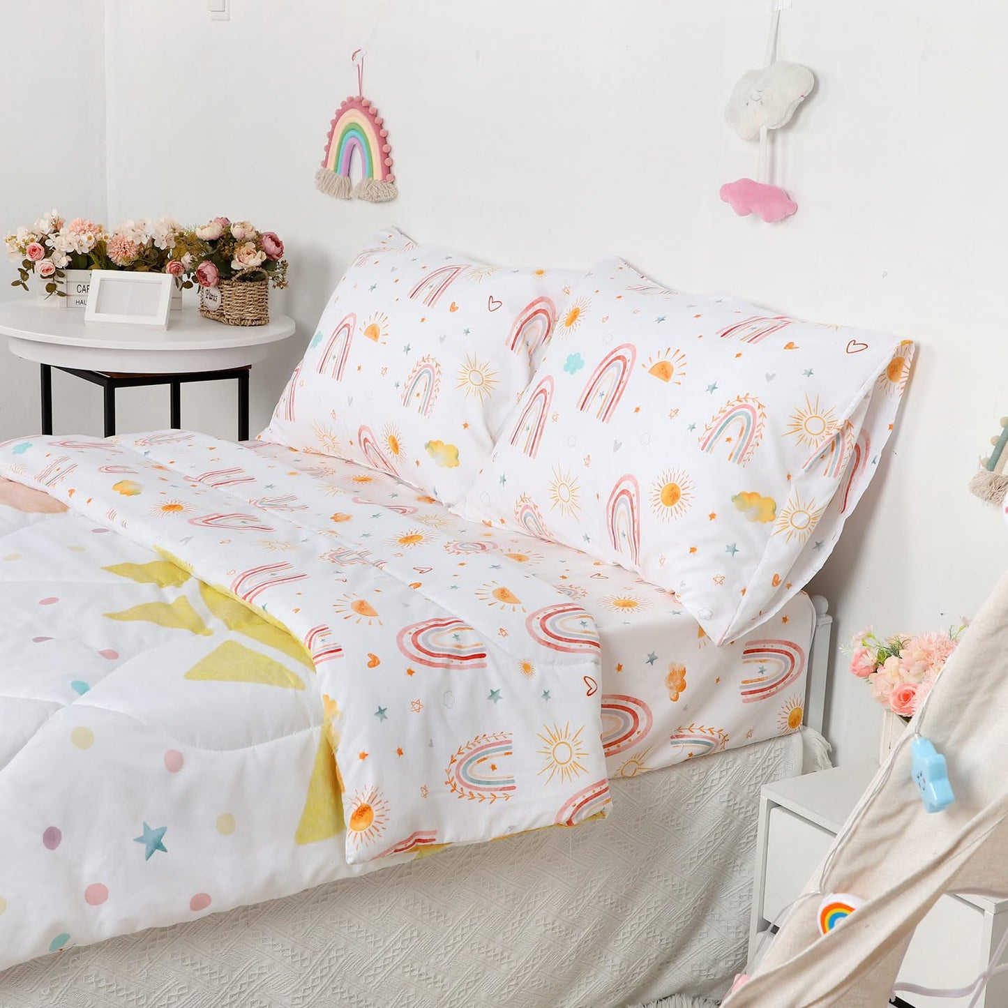 Caruili Twin Size Toddler Bedding Set For Girls- 5 Piece Rainbow Toddler Girl Bedding, Super Soft & Lightweight Toddler Comforte
