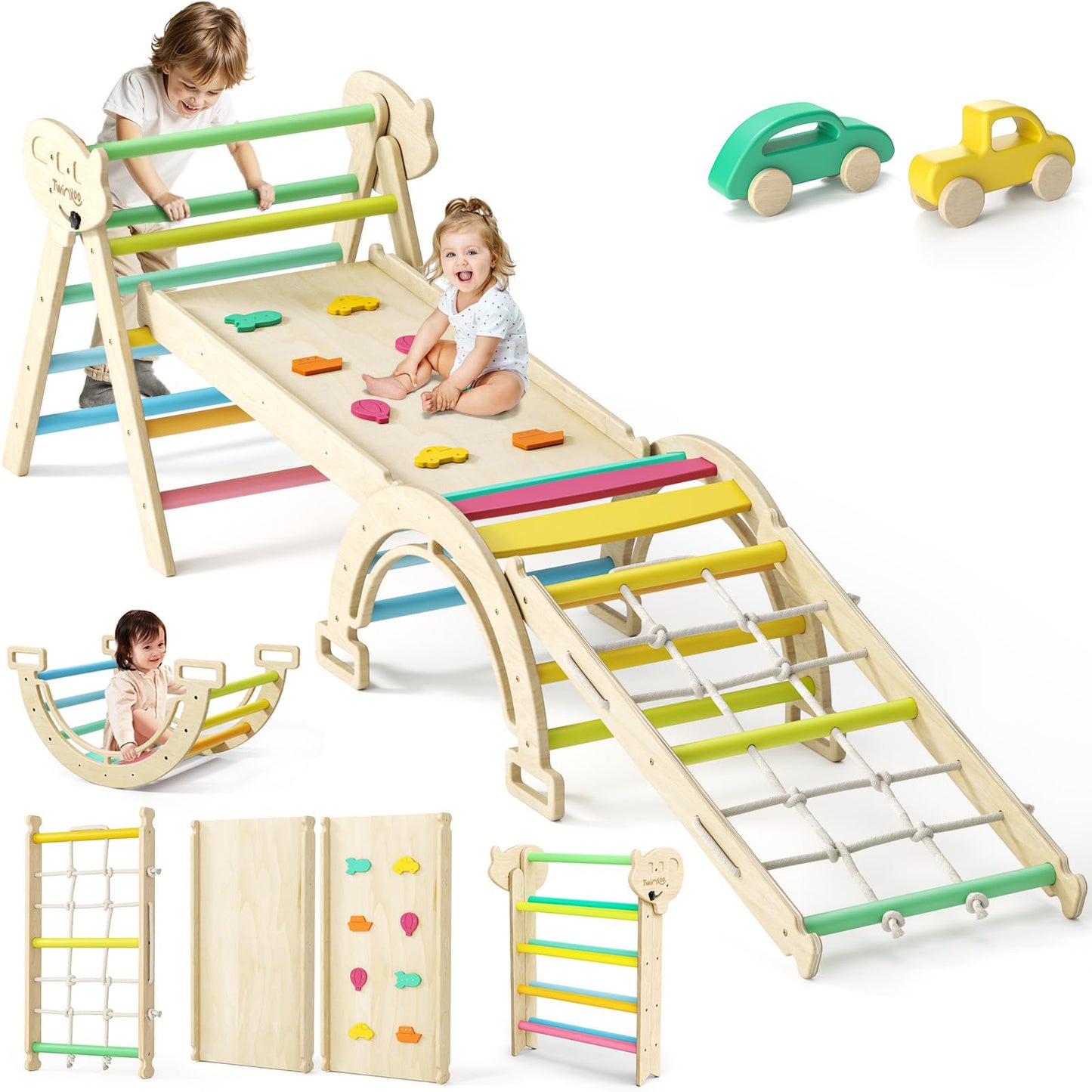 Twinkoo 8 In 1 Pikler Triangle Set, Foldable Toddler Baby Climbing Toys, Solid Wooden Montessori Climbing Set, Baby Climber Indo