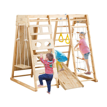 MulinsonFly 9-in-1 Toddler Indoor Jungle Gym & Playground Set, Wooden Climbing Toy with Slide, Swing, Climbing Net, Rings - Mont