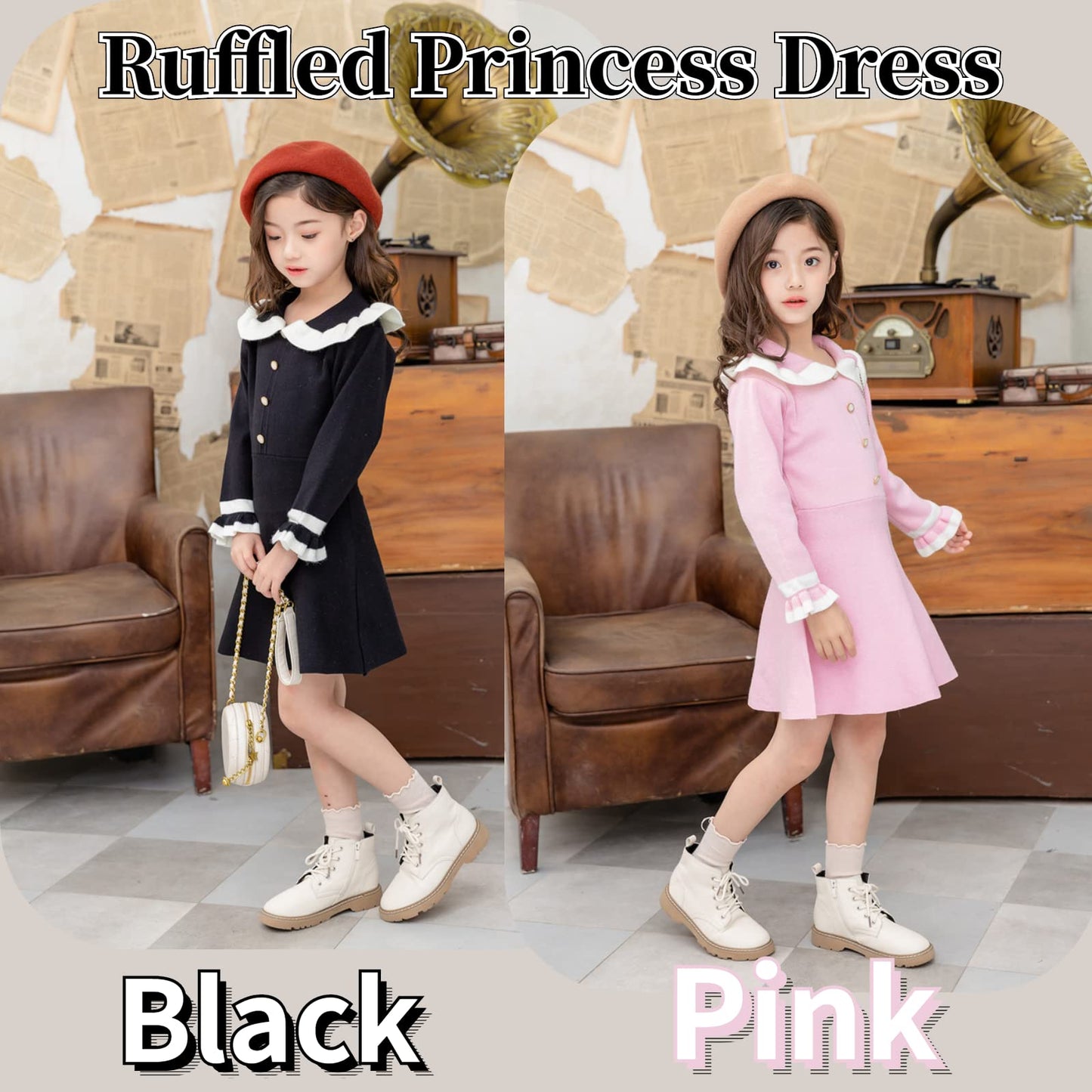 Peecabe Ruffles Toddler Girls Sweater Dress Soft Warm Long Sleeve V-Neck 2-6T Knitted Dress For Fall Winter (Black, 3T)