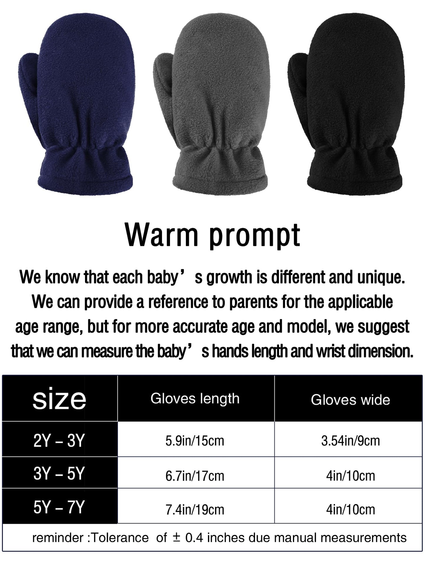 3 Pairs Baby And Toddler Winter Mittens Newborn Infant Fleece Warm Mittens Snow Gloves For Baby Boy And Girl (Black, Grey, Navy