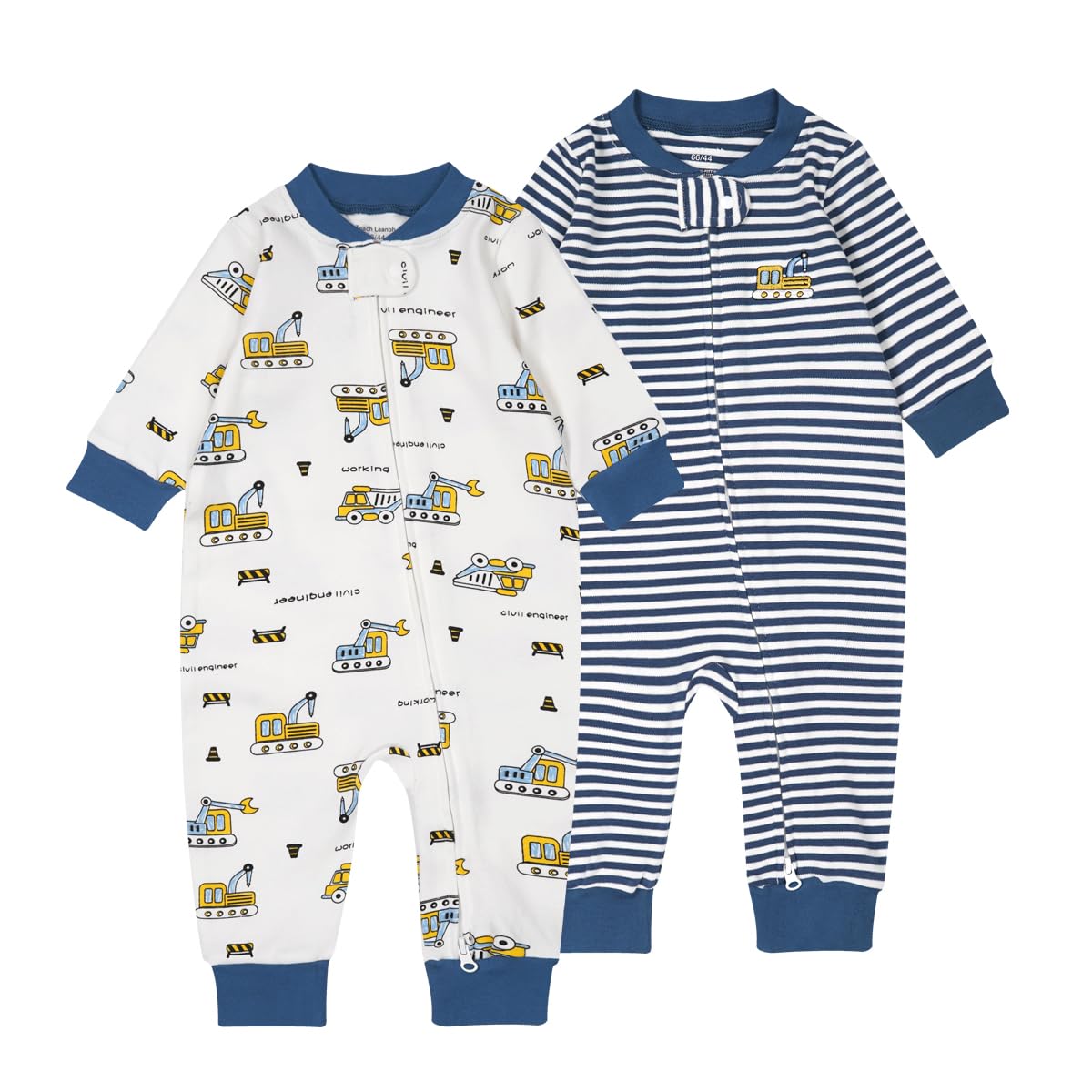Teach Leanbh Baby 2-Pack 100% Cotton Romper Jumpsuits Two Way Zipper Long Sleeve Footless Sleep And Play (Blue Excavator, 6-12 M