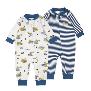 Teach Leanbh Baby 2-Pack 100% Cotton Romper Jumpsuits Two Way Zipper Long Sleeve Footless Sleep And Play (Blue Excavator, 6-12 M