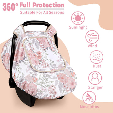 Car Seat Cover Baby, Hnhuaming Infant Car Seat Covers Canopy For Babies Girls, Warm & Windproof Pink Newborn Carseat Covers With