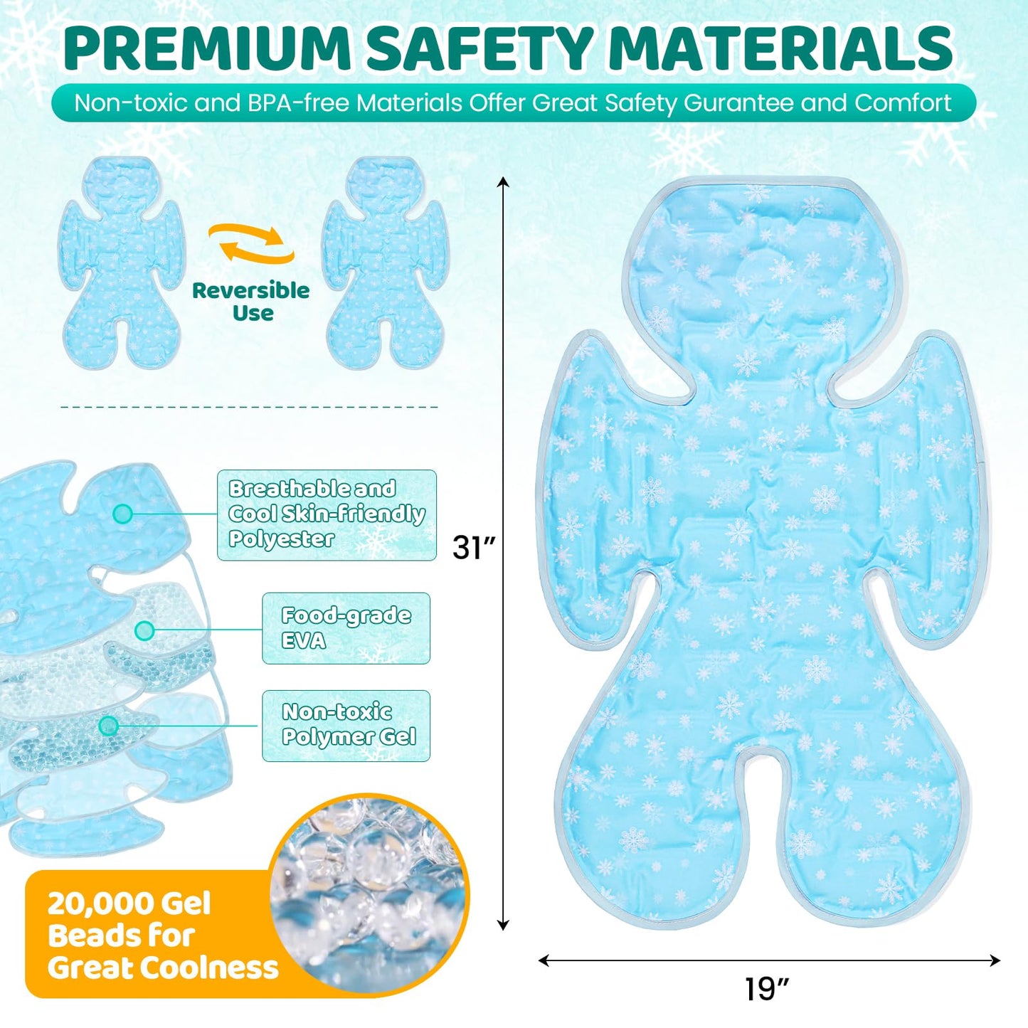 Orzbow Car Seat Cooler Pad For Toddler, Reversible Stroller Cooling Pad Liner - Universal Baby Cooling Pad, Summer Car Seat Gel