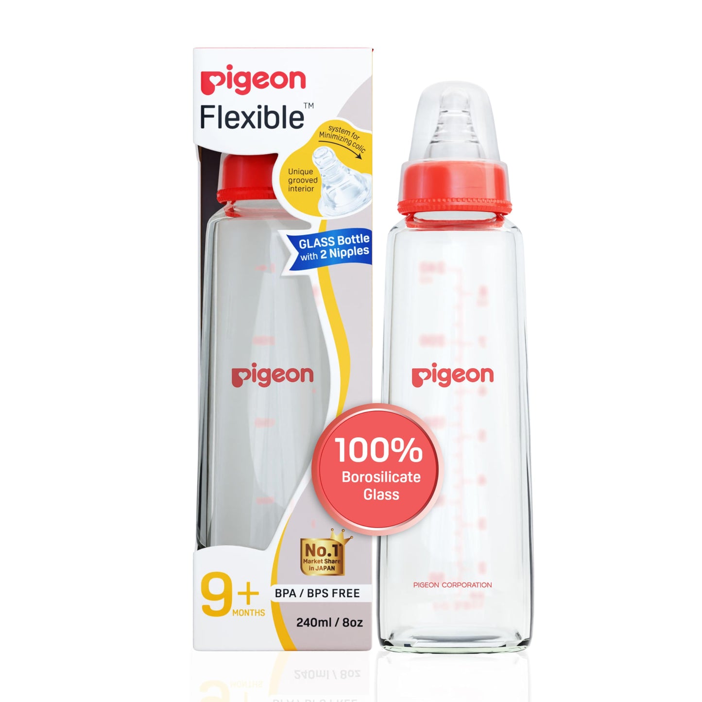 Pigeon Glass Feeding Bottle 240Ml Red Nipple L | Baby Bottle