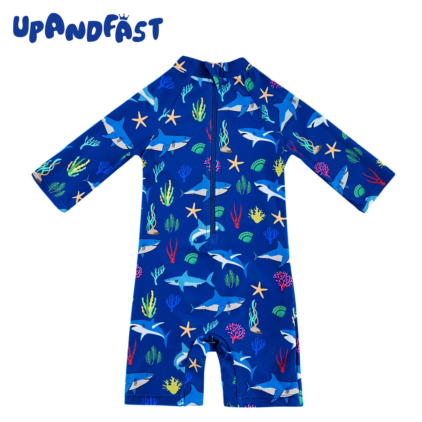 Upandfast Baby Boys Swimsuit Long Sleeve One Piece Swimwear Zip Rash Guard Sun Protection (Blue Shark, 3-6 Months)