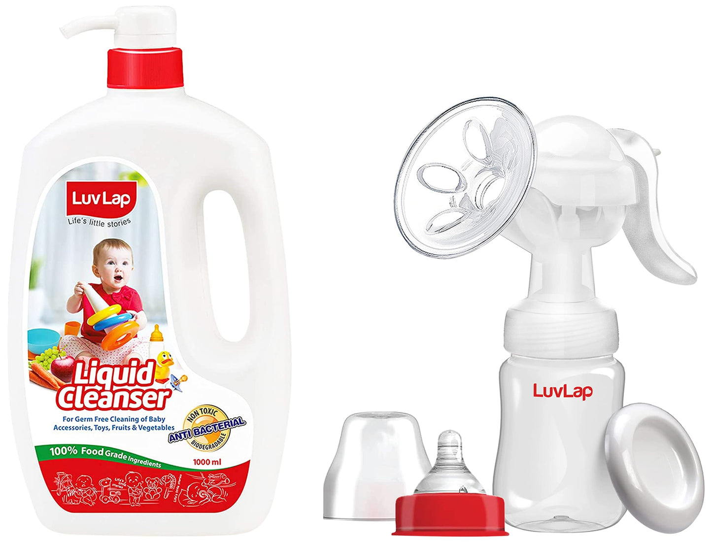 Luvlap Manual Breast Pump, 3 Level Suction Adjustment, Soft & Gentle, Bpa Free&Luvlap Liquid Cleanser, AntiBacterial, Food Grad