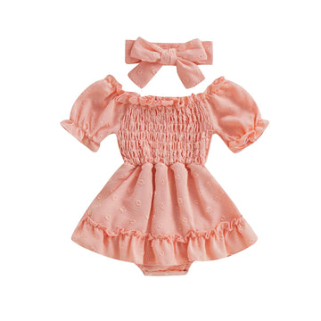 Infant Baby Girls Romper Dress Dot Pattern Short Sleeve Ruched Jumpsuits Skirts Hem Bodysuits Headband (Pink Dots,0-6 Months)