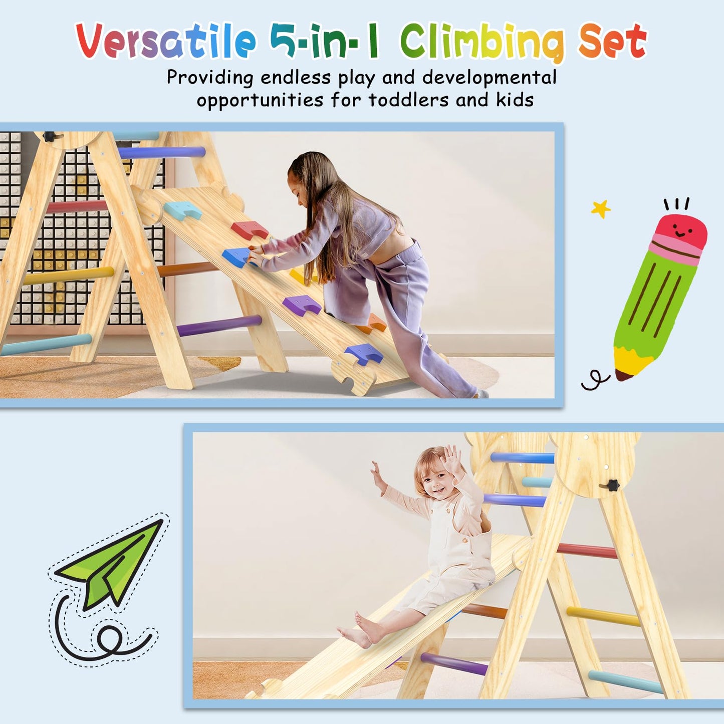 Cmfydaily 5 In 1 Pikler Triangle Set, Foldable Baby Climbing Gym Indoor Montessori Climbing Set Wooden Toddler Climbing Toys Wit