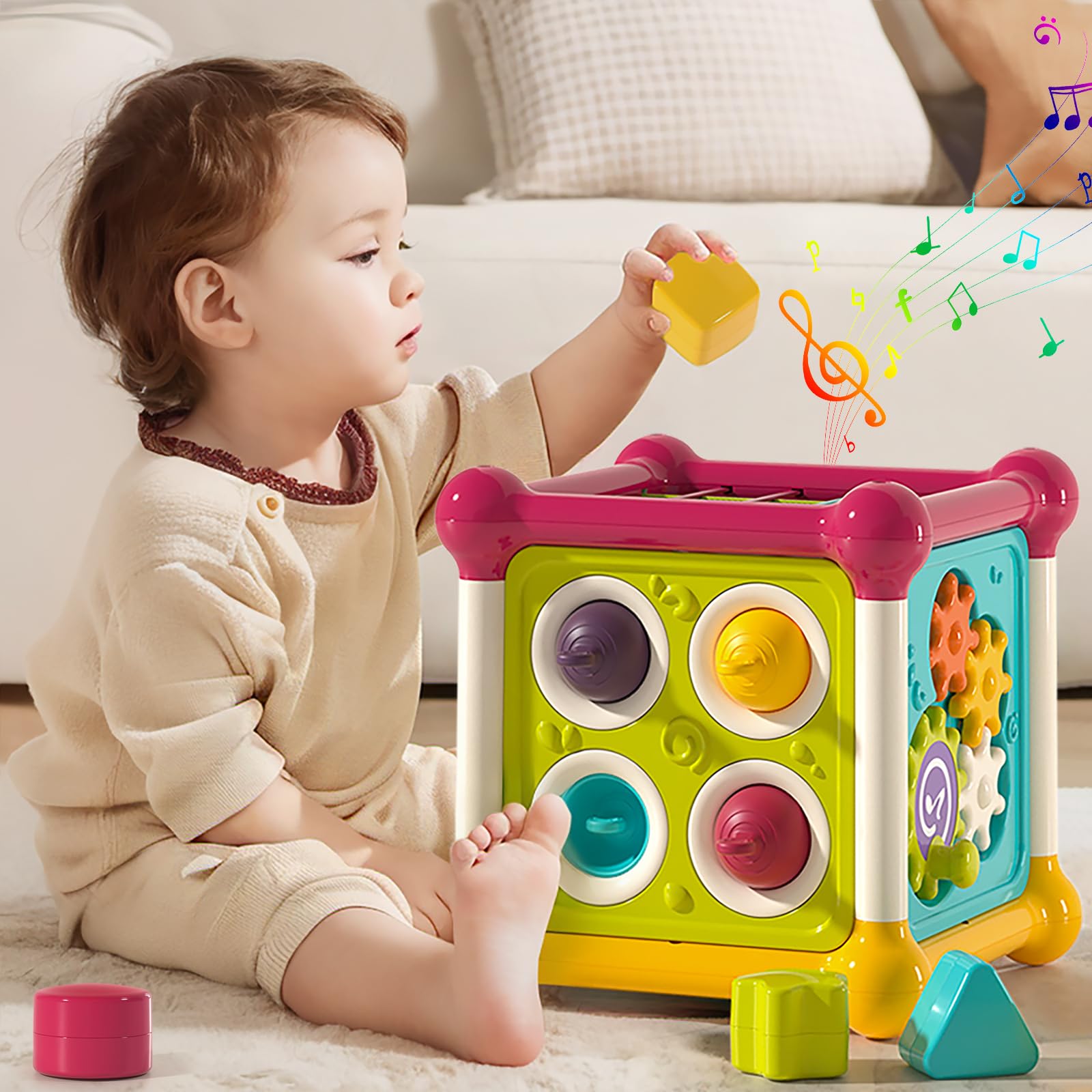 PANITU Baby Activity Cube Montessori Toys for 1 Year Old, Multi Sensory Shape Blocks, 6 in 1 Multifunctional Sensory Toys for To