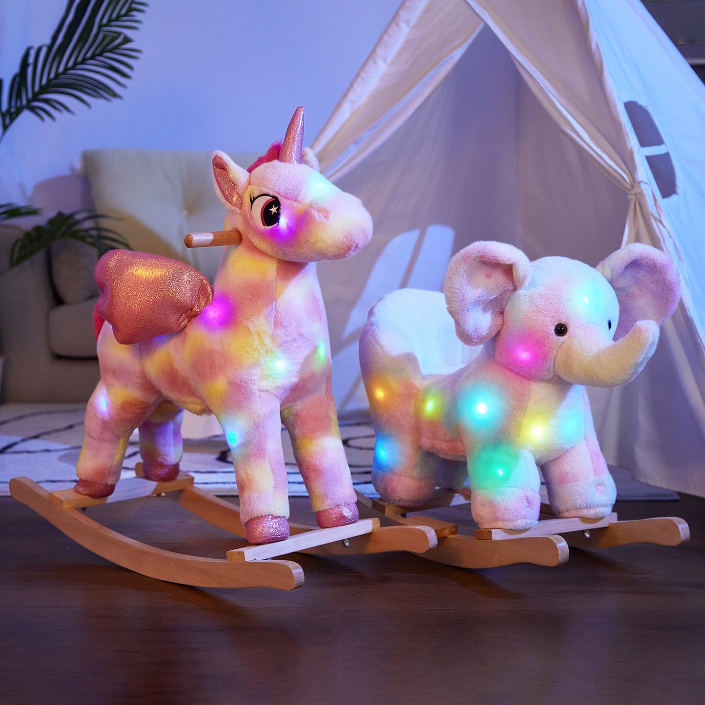 Glow Guards Light up Musical Elephant Baby Rocking Horse Set of 2 with Rainbow Elephant Plush Toy Baby Wooden Chair for Toddlers