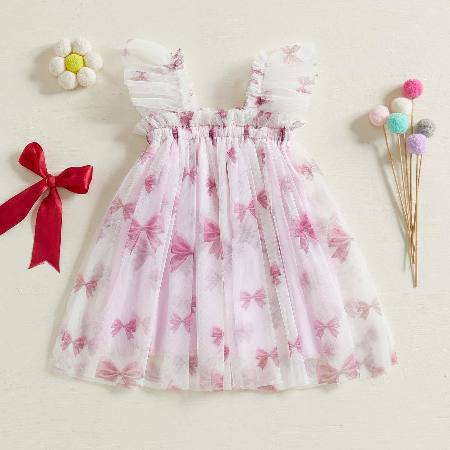 Toddler Baby Girl Dress Valentines Day Heart Bow Sleeveless Layered Tulle Tutu Dresses Princess Holiday Party Dress (D Pink Bow,