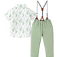 Baby Boy Dress Clothes Set Printed Shirt Aqua Green Suspender Pants Outfits Toddler Boy 12 Months 18 Months 12-18