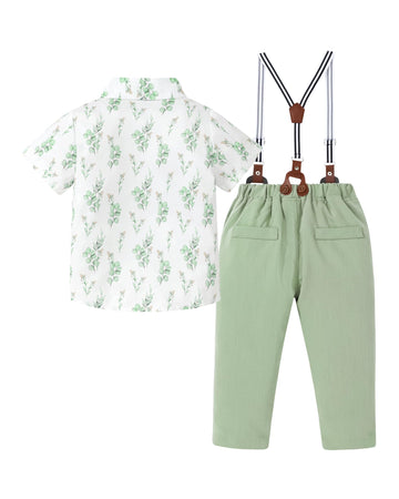 Baby Boy Dress Clothes Set Printed Shirt Aqua Green Suspender Pants Outfits Toddler Boy 12 Months 18 Months 12-18