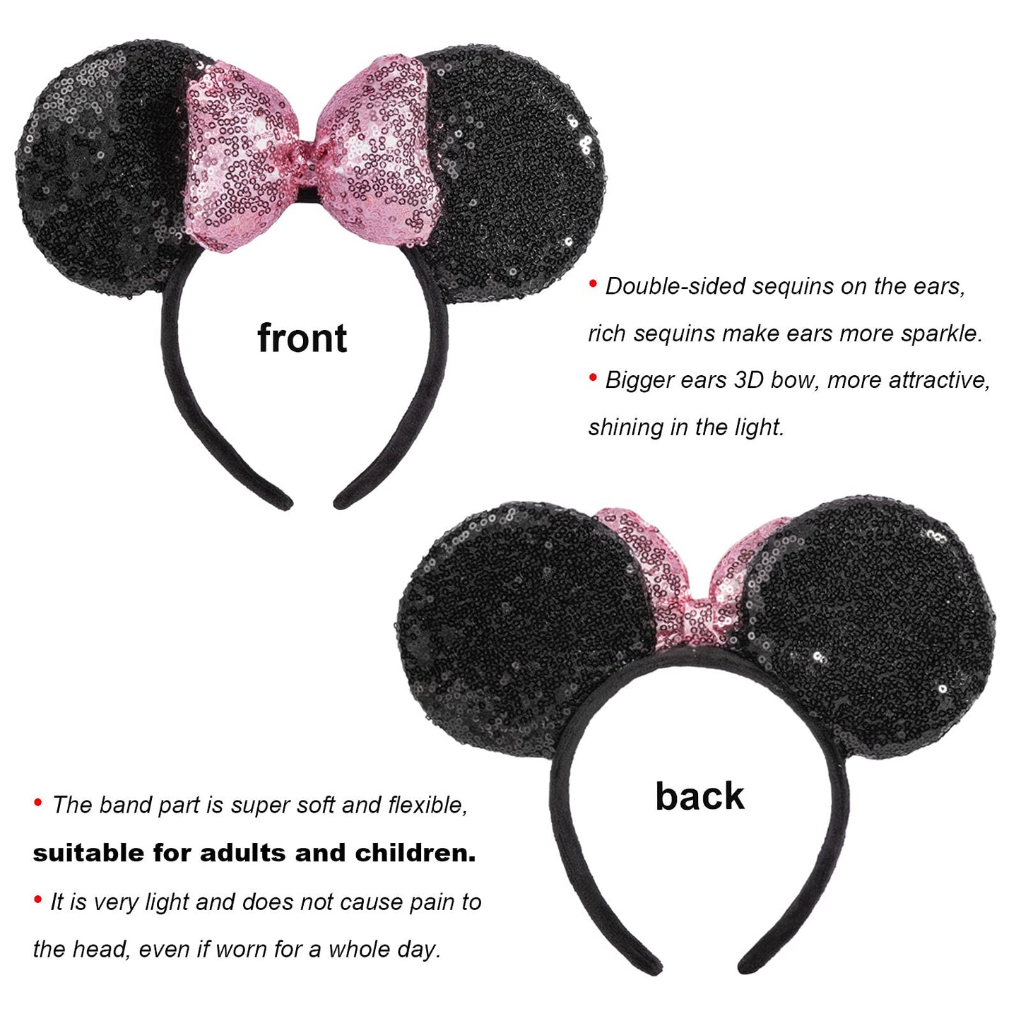 Chuangqi Mouse Ears Shiny Headbands 3D Bow (Pack Of 2), Double-Sided Sequins Hair Band For Birthday Party/Holiday Dress Up/Amuse