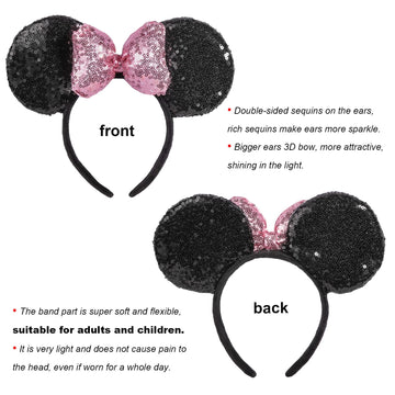 Chuangqi Mouse Ears Shiny Headbands 3D Bow (Pack Of 2), Double-Sided Sequins Hair Band For Birthday Party/Holiday Dress Up/Amuse