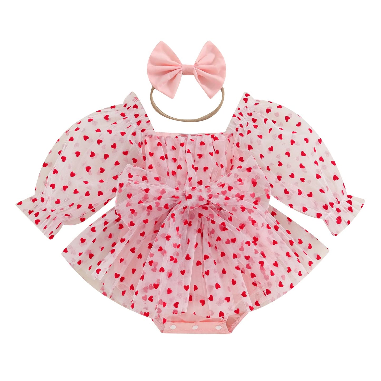 Amnnchya Baby Girl Valentines Day Outfit Heart Tulle Puff Sleeve Valentines Day Romper Dress Newborn Valentines Dresses (Pink, 0