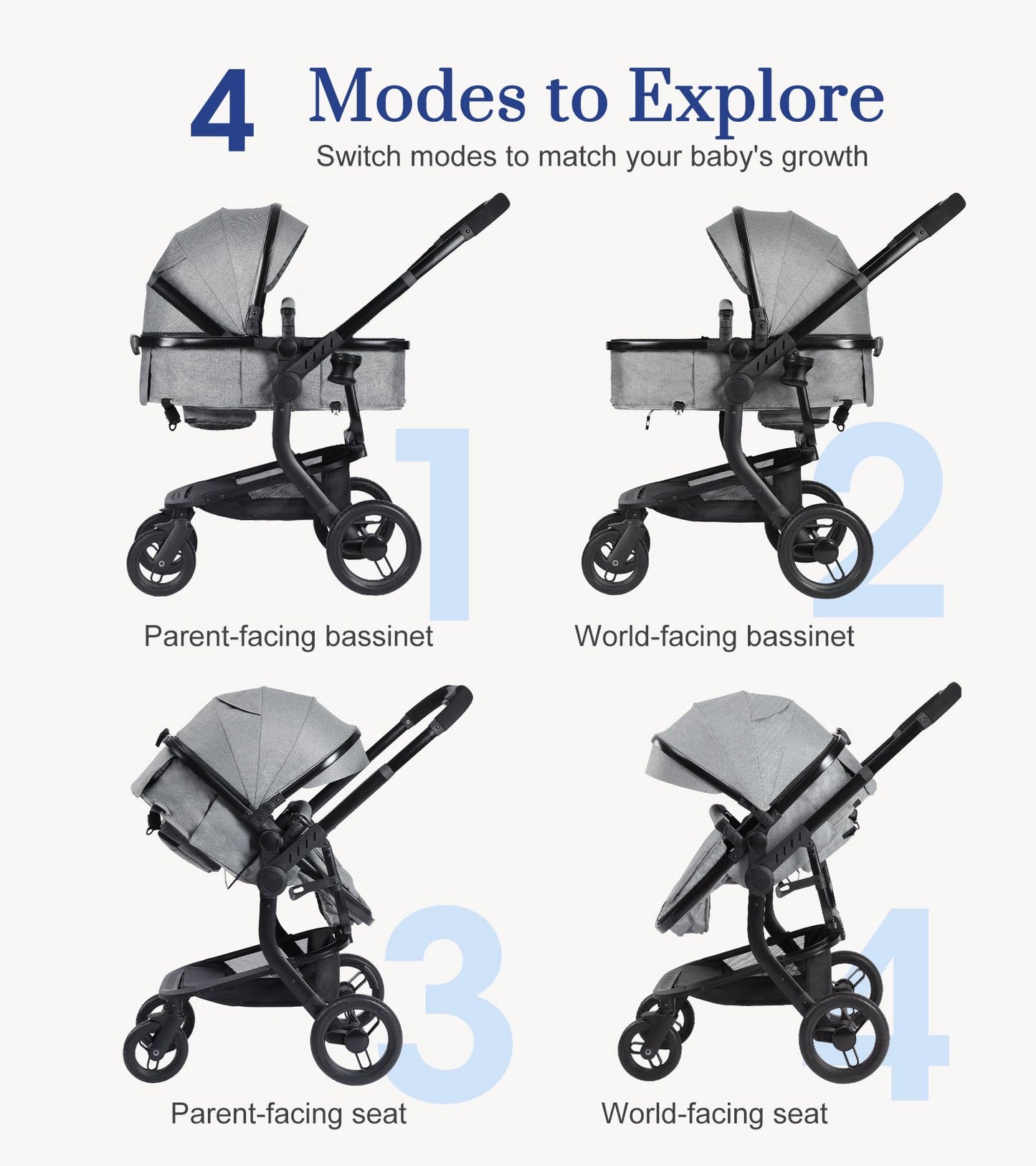 2-In-1 Convertible Baby Stroller With Aluminum Frame & Linen, Bassinet Stroller With Rubber Wheels, Foldable Infant Stroller Wit