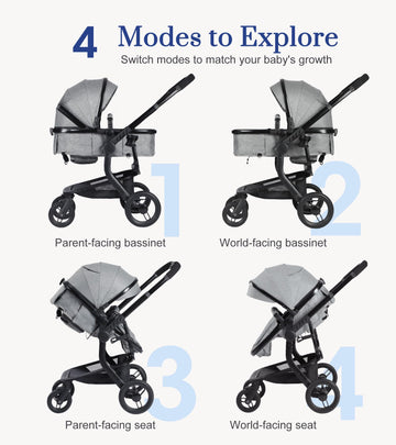 2-In-1 Convertible Baby Stroller With Aluminum Frame & Linen, Bassinet Stroller With Rubber Wheels, Foldable Infant Stroller Wit