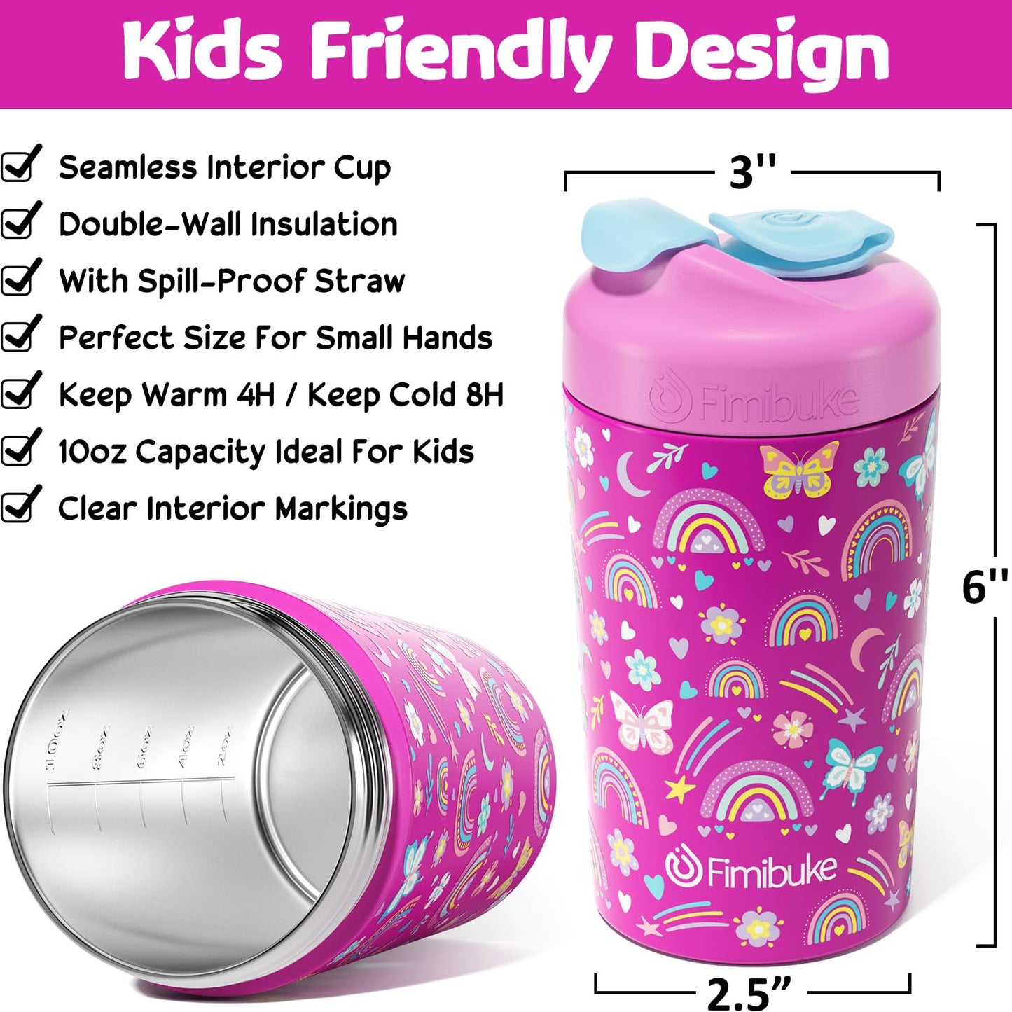 Fimibuke Kids & Toddlers Cups With Straw, 10Oz Spill Proof Sippy Cups For Toddlers, Insulated Stainless Steel Kids Tumblers With