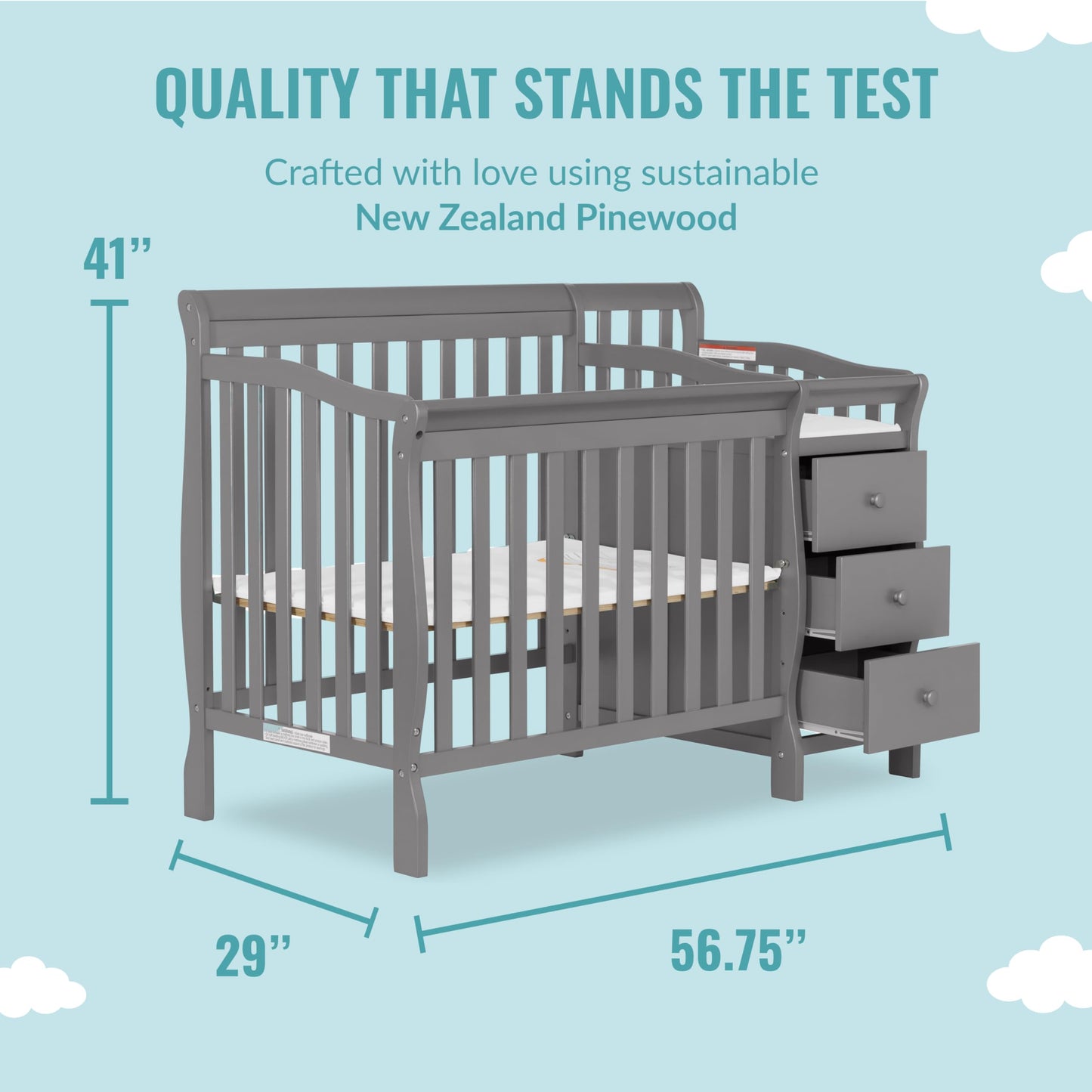 Dream On Me Jayden 4-In-1 Mini Convertible Crib And Changer In Storm Grey, Greenguard Gold Certified, Non-Toxic Finish, New Zeal