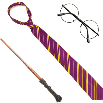 Skeleteen Wizard Costume Accessories Set - Nerd Circle Glasses, Red And Gold Tie And A Magic Wand Accessory Set For Kids And Adu