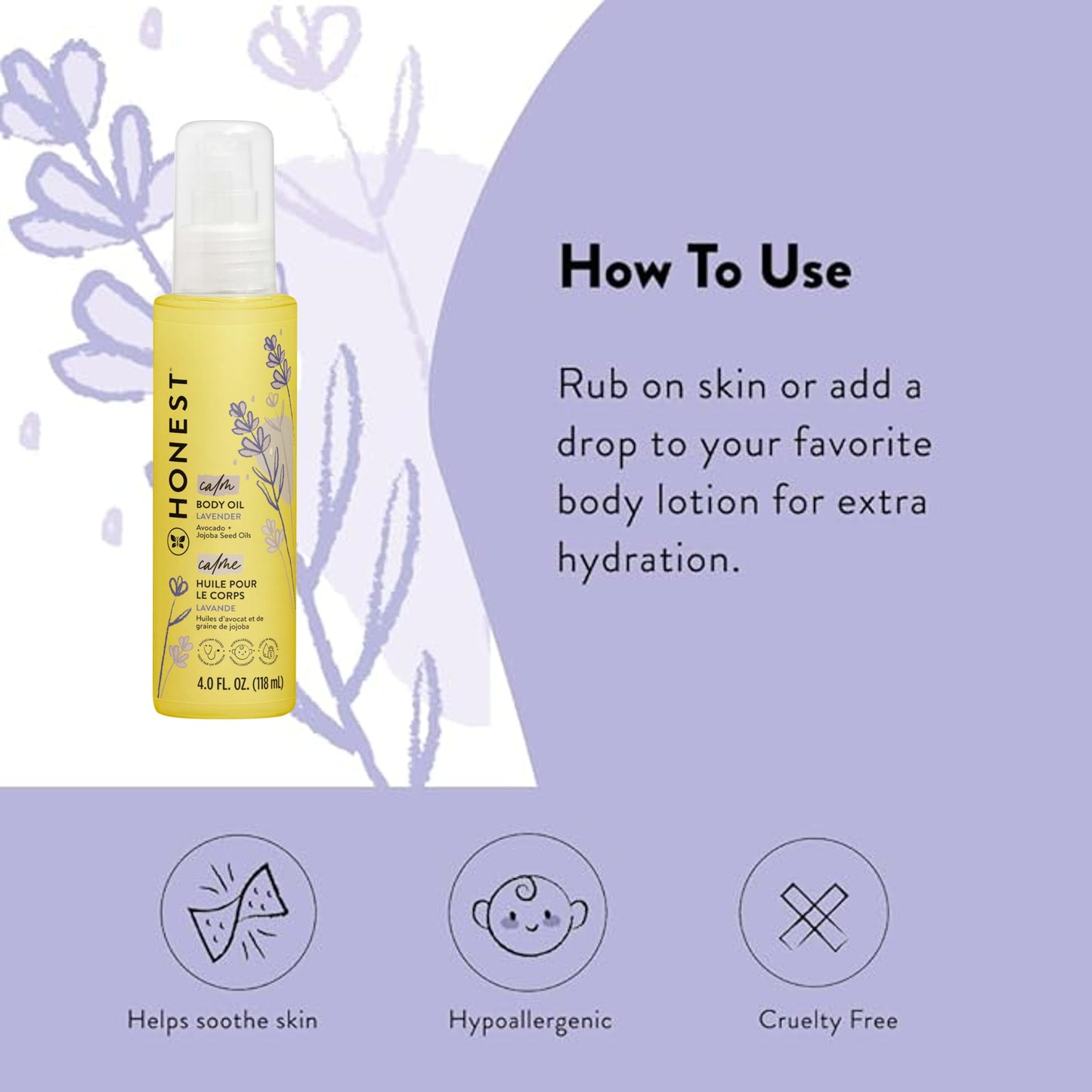 The Honest Company Lavender Infused Calming Body Oil  Gentle For Baby  Organic, Plant-Based, Hypoallergenic  4.0 Fl Oz
