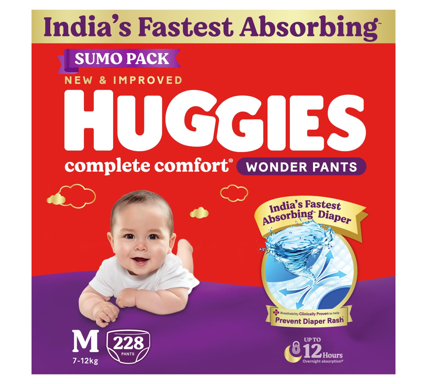 Huggies Complete Comfort Wonder Pants | Pant Style Baby Diapers Medium Size (M), 228 Count | IndiaS Fastest Absorbing Diaper, P