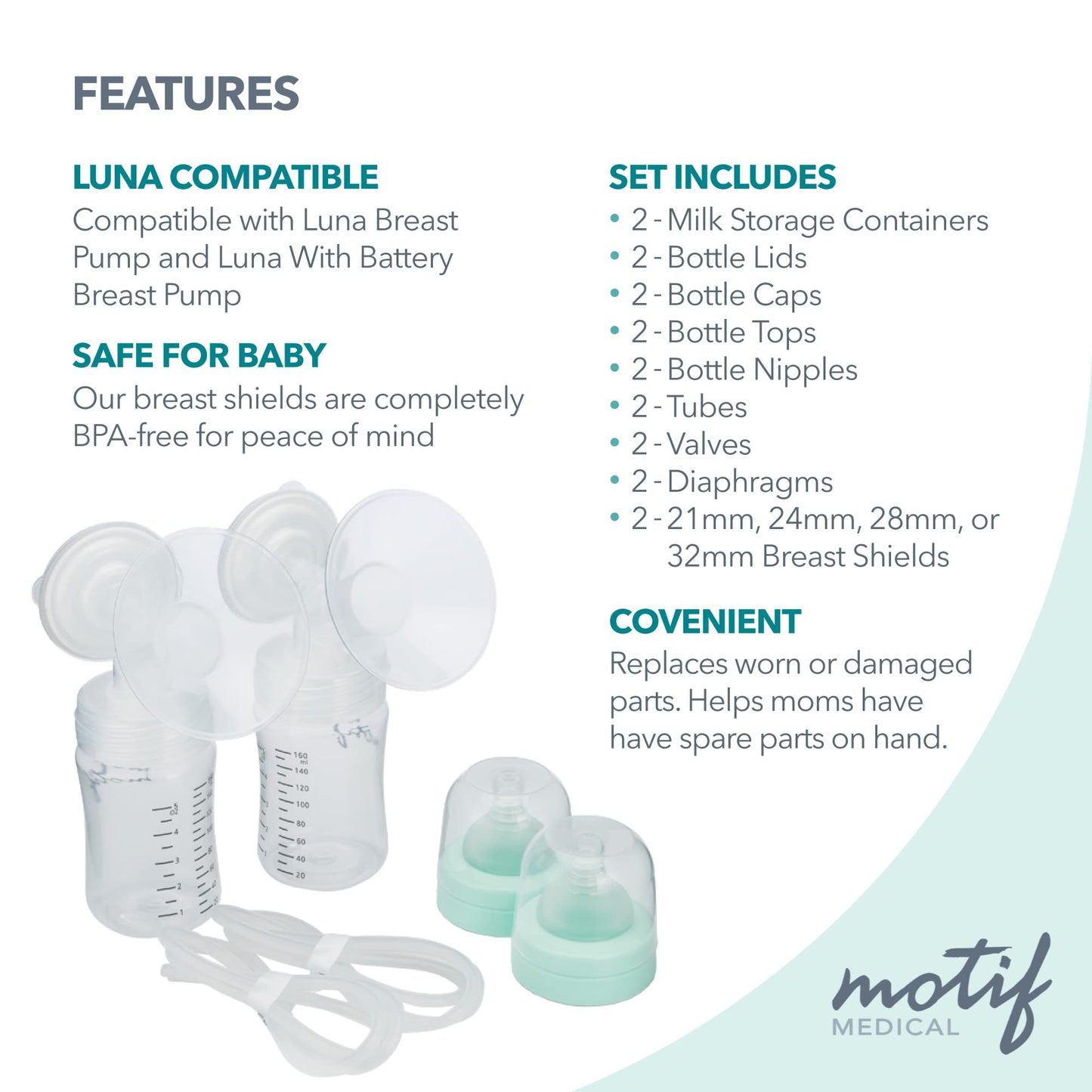 Motif Medical, Luna Double Pumping Kit, Replacement Parts For Breast Pump 21Mm