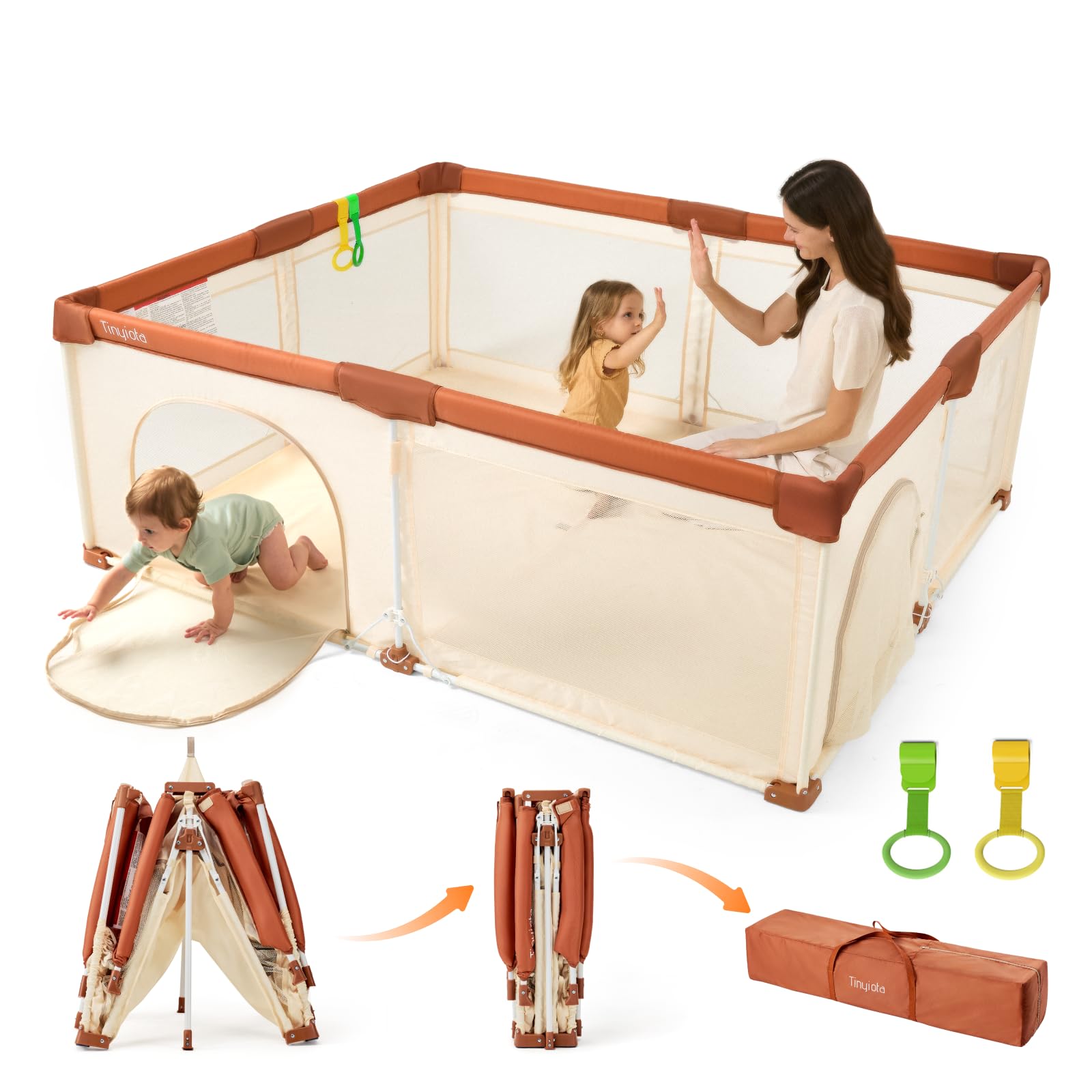 Tinyiota Foldable Baby Playpen, 59x71 Inch Portable Play Yard for Babies and Toddlers with Soft Breathable Mesh, Storage Bag & 2
