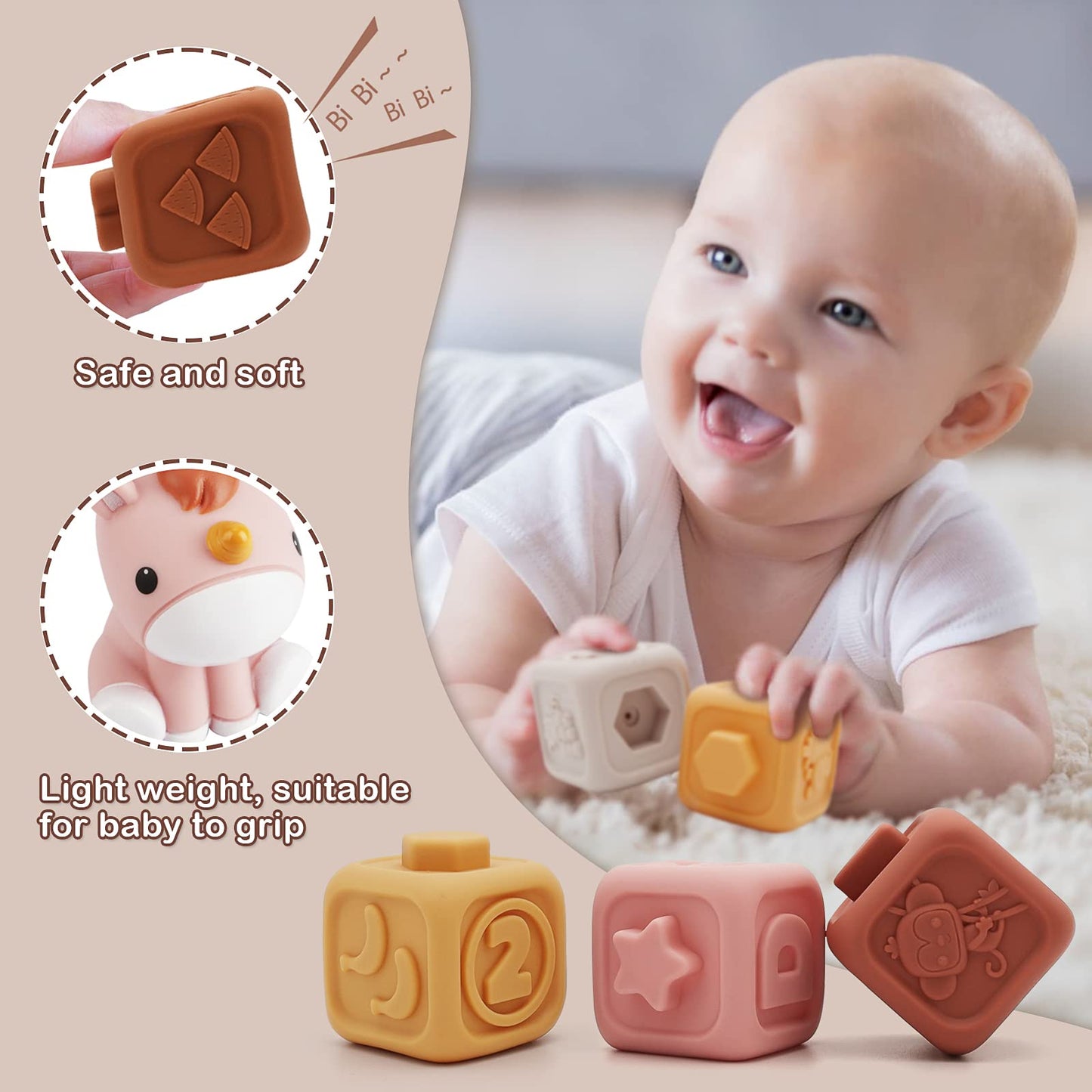 Nueplay 7 Pcs Soft Building Blocks, Sensory Stacking Squeeze Toys with Horse Figure, Newborn Essentials for 6 12 18 Months Baby