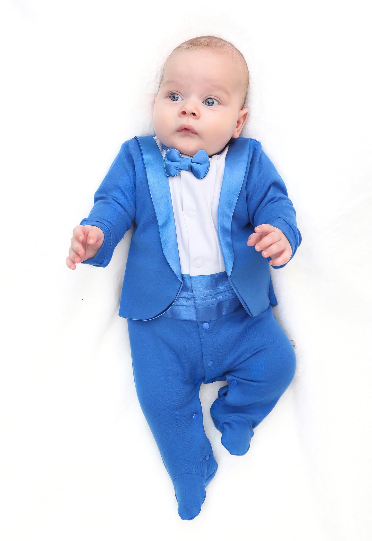 Lilax Baby Boy Gentleman Tuxedo Footie Christmas Holiday Outfit With Bow Tie (9 Months, Royal Blue)