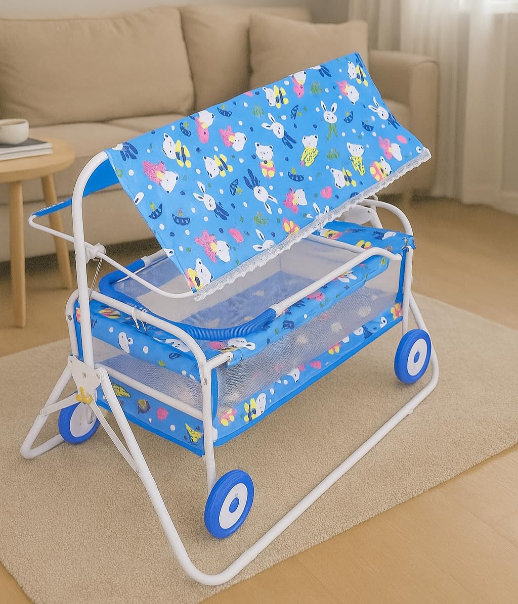 Avani Metrobuzz Metal Baby Cradle With Swing And Mosquito Net, Four Wheels For 013 Months Baby Boys And Girls (Blue)