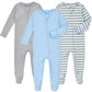 Aablexema Baby Footie Pajamas With Mittens - 3Pcs Infant Footed Sleeper Cotton Sleepwear Outfits(Blue/Grey/Stripe,12-18M)