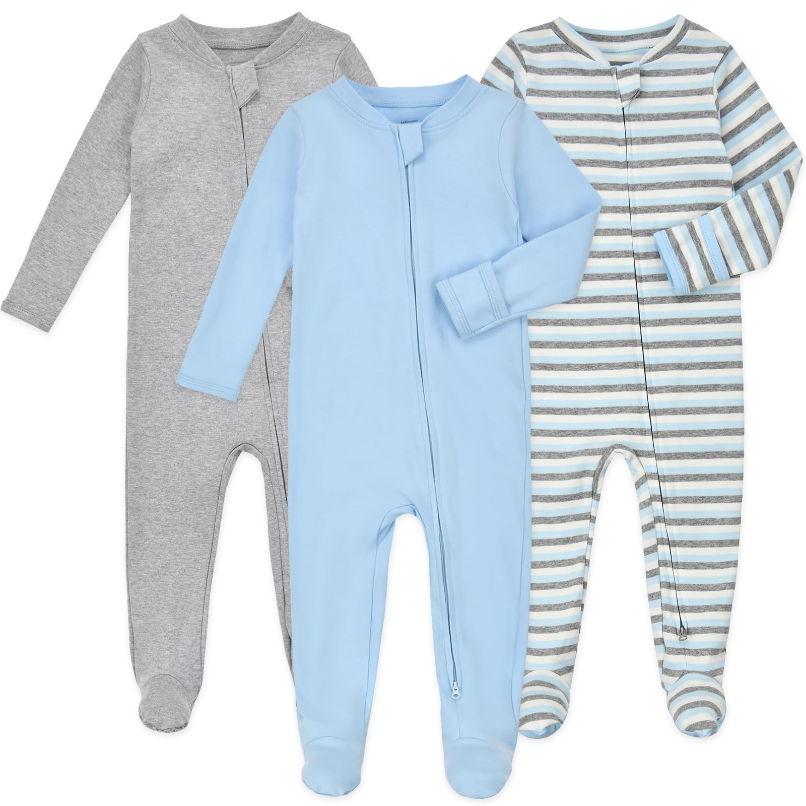 Aablexema Baby Footie Pajamas With Mittens - 3Pcs Infant Footed Sleeper Cotton Sleepwear Outfits(Blue/Grey/Stripe,12-18M)