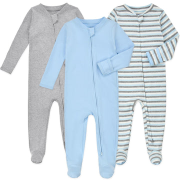 Aablexema Baby Footie Pajamas With Mittens - 3Pcs Infant Footed Sleeper Cotton Sleepwear Outfits(Blue/Grey/Stripe,12-18M)