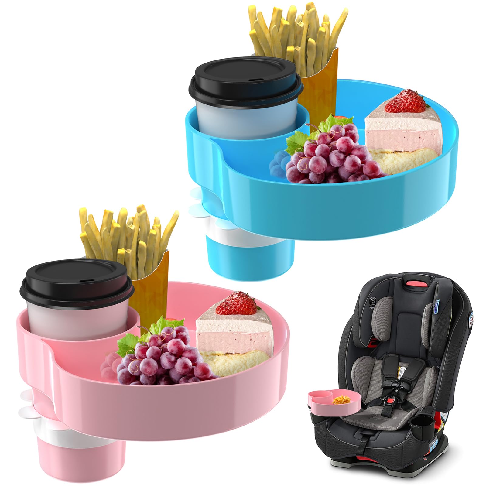 [2 Packs Blue & Pink] Kids Car Seat Tray, Travel Tray with Cup Holder for Toddler Baby, Kids Car Seat Food Snack Organizer for R