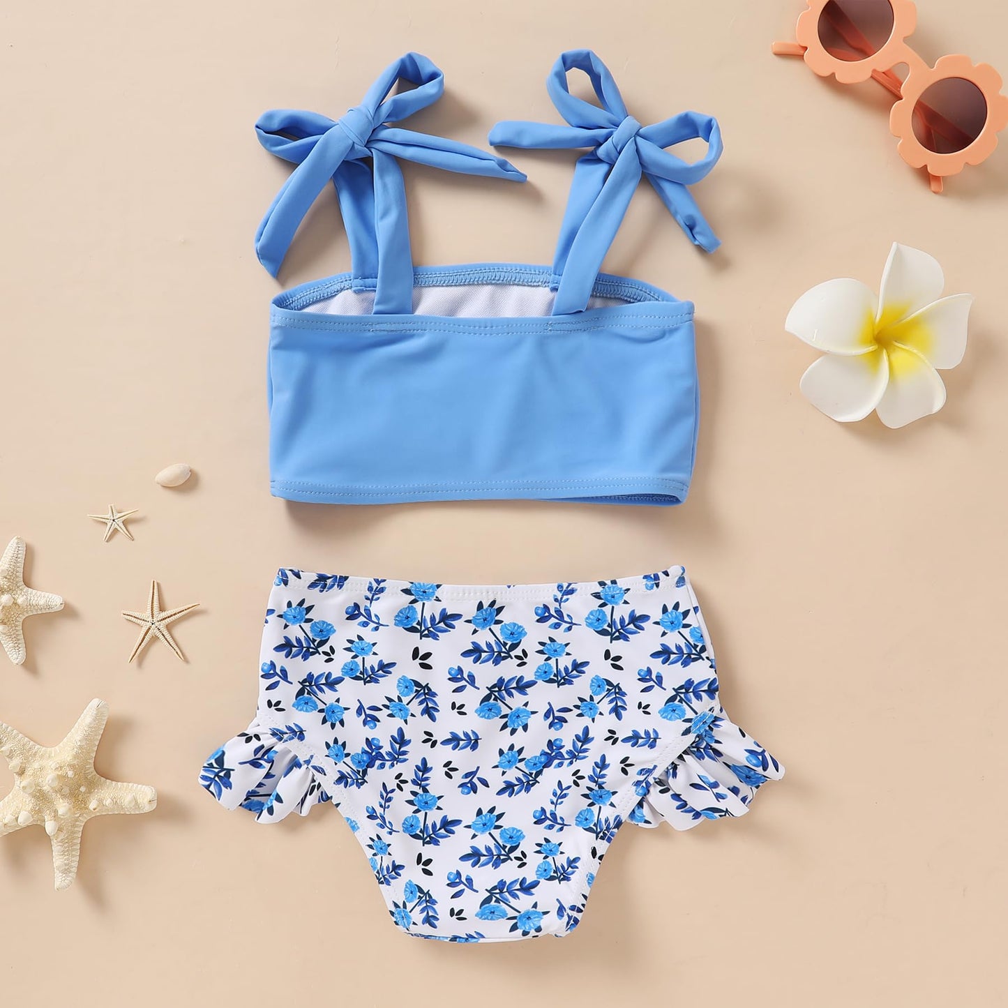 Younger Tree Toddler Girls Two Pieces Swimsuit Color Block Stripe Swimwear Summer Beach Bathing Suit (Blue#Flower 18-24 Months)