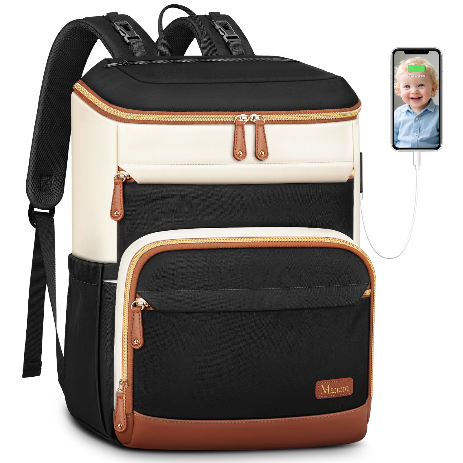 Mancro Diaper Bag Backpack for Women, Lightwight Baby Bag for Mom with 3 Insulated Pockets, Multifunctional Water Resistant Diap