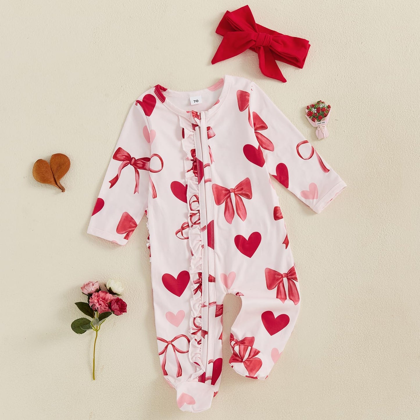 Ayalinggo Valentines Baby Girl Outfit Bowknot Heart Footie Romper Long Sleeve Onesie Newborn Valentines Day Clothes (Valentines