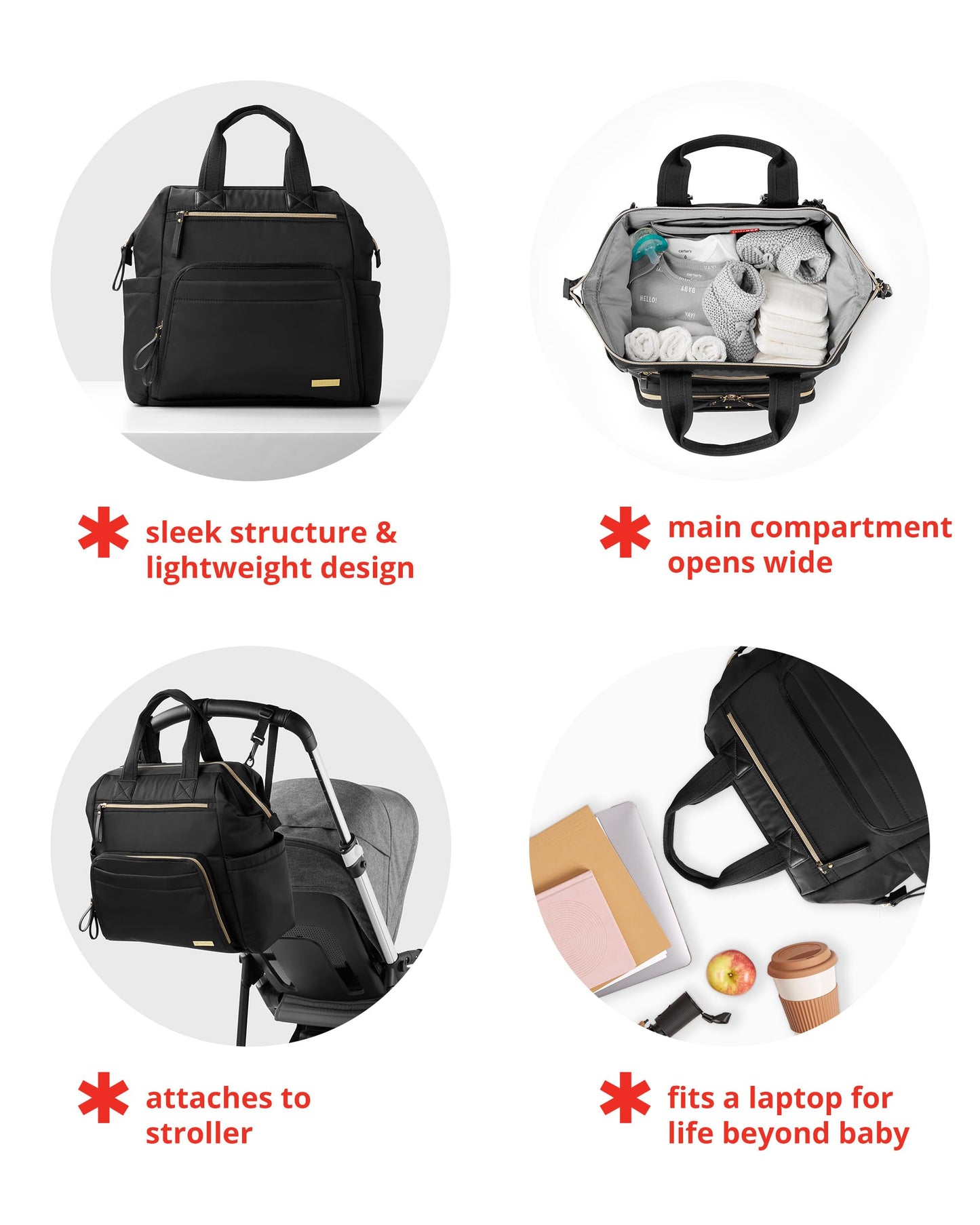 Skip Hop Diaper Bag Backpack: Mainframe Large Capacity Wide Open Structure With Changing Pad & Stroller Attachement, Black With